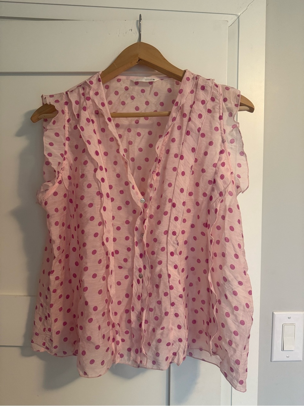 Zara Pink Polka Dot Sleeveless Ruffle V-Neck Top
